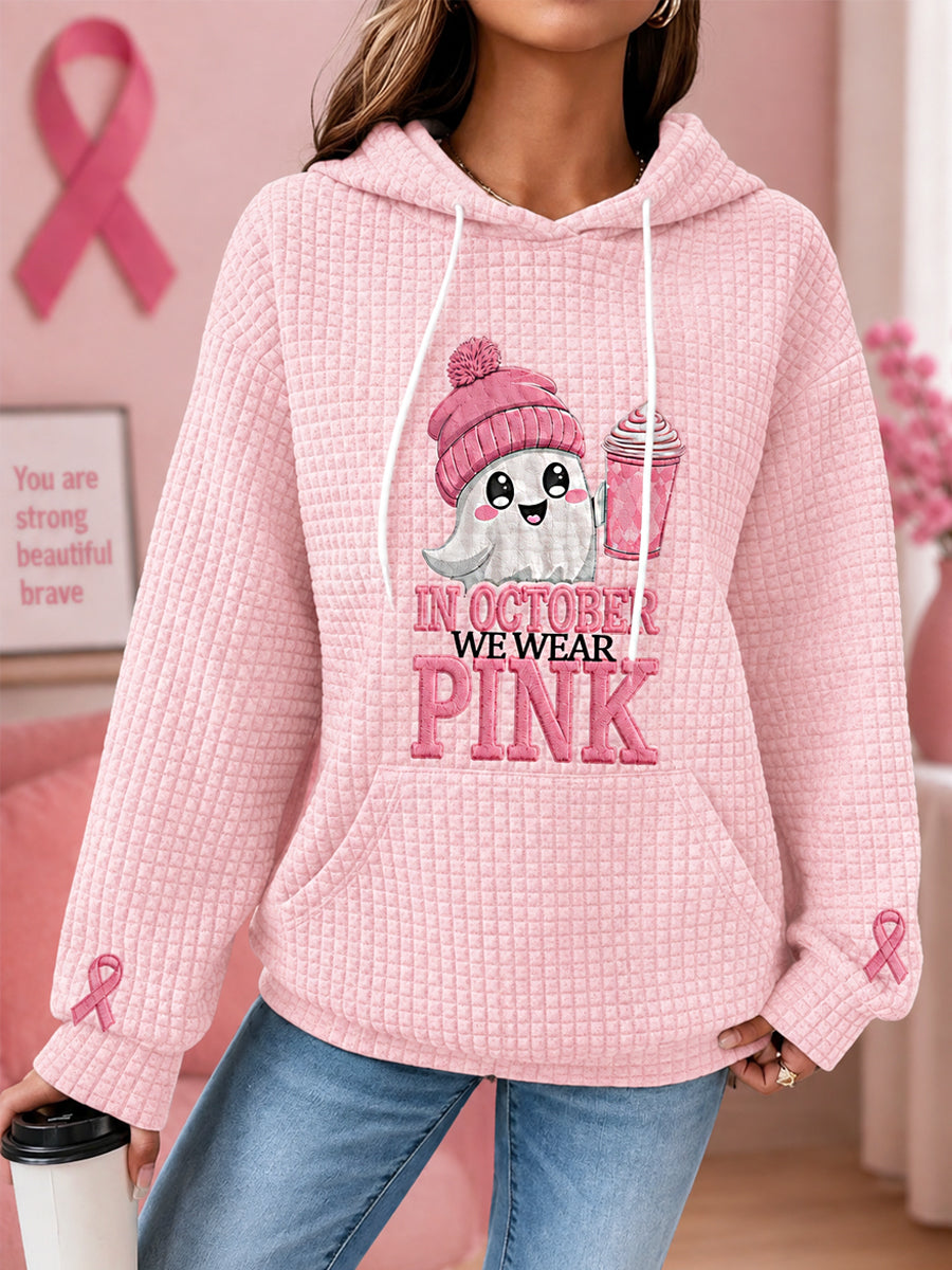 Women's In October We Wear Pink Halloween Pink Ghost Print Breast Cancer Awareness Support Waffle Hoodie gracestitchs