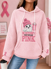 Women's In October We Wear Pink Halloween Pink Ghost Print Breast Cancer Awareness Support Waffle Hoodie gracestitchs