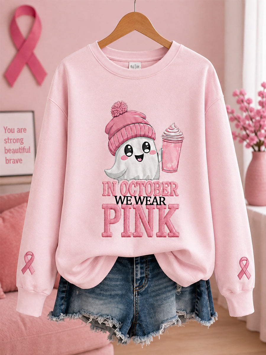Women's In October We Wear Pink Halloween Pink Ghost Print Breast Cancer Awareness Support Sweatshirt gracestitchs