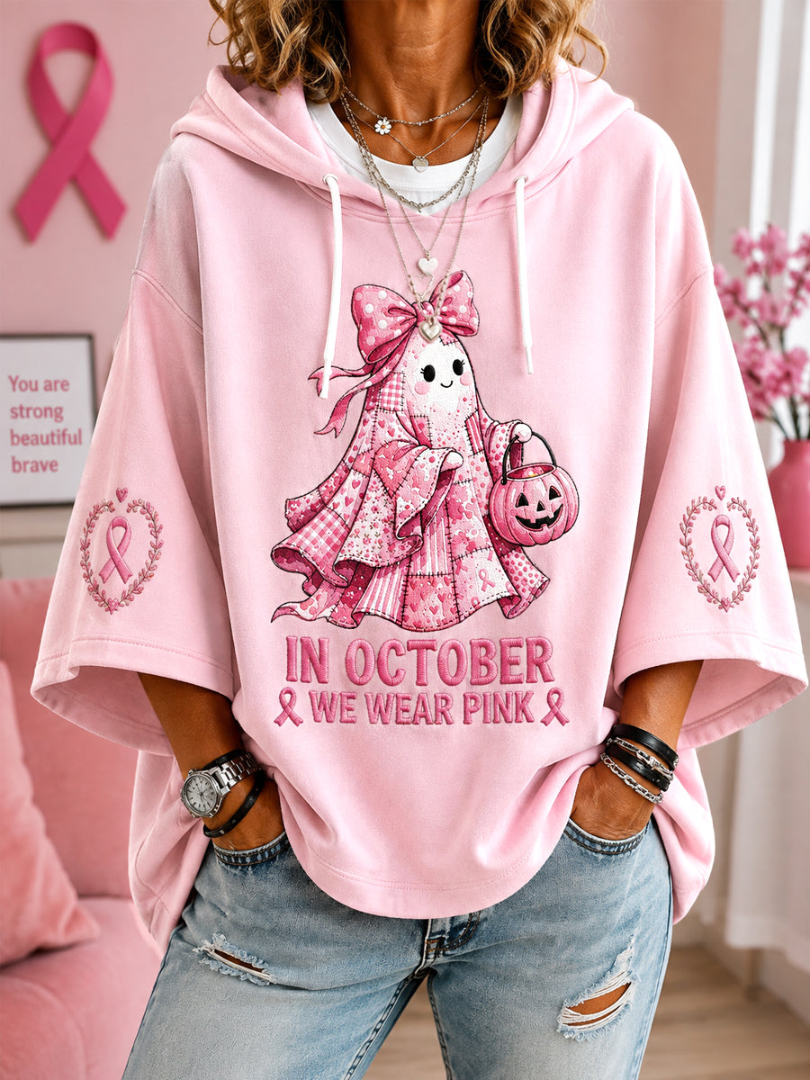 Women's In October We Wear Pink Halloween Pink Ghost Print Breast Cancer Awareness Support 3/4 Sleeve Hoodie gracestitchs