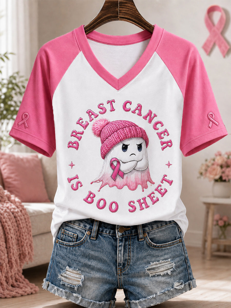 Women's Breast Cancer Is Boo Sheet Halloween Pink Ghost Print Breast Cancer Awareness Support V-Neck Tee gracestitchs