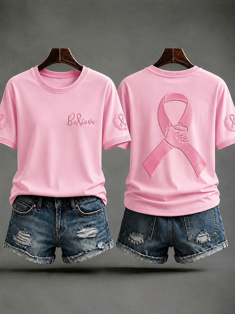 Women's"Believe"Breast Cancer Prevention and Awareness Casual T-shirt gracestitchs