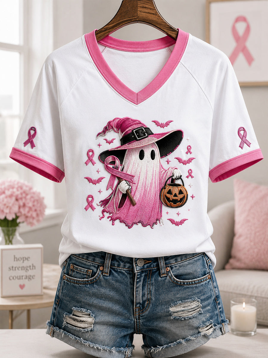 Women's In October We Wear Pink Halloween Pink Ghost Print Breast Cancer Awareness Support V-Neck Tee gracestitchs