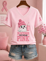 Women's In October We Wear Pink Halloween Pink Ghost Print Breast Cancer Awareness Support V-Neck Tee gracestitchs
