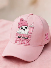 Unisex In October We Wear Pink Halloween Pink Ghost Print Breast Cancer Awareness Support Hat gracestitchs
