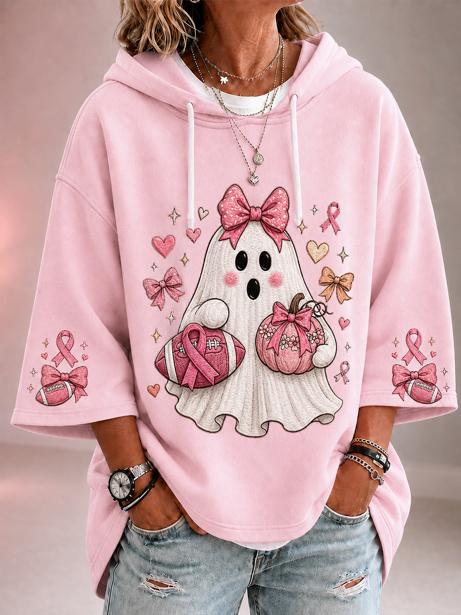 Women's In October We Wear Pink Halloween Pink Ghost Print Breast Cancer Awareness Support 3/4 Sleeve Hoodie gracestitchs