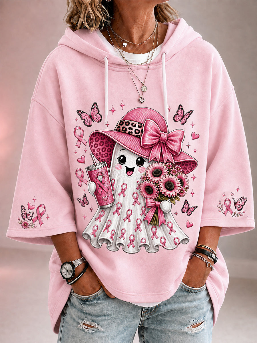 Women's In October We Wear Pink Halloween Pink Ghost Print Breast Cancer Awareness Support 3/4 Sleeve Hoodie gracestitchs