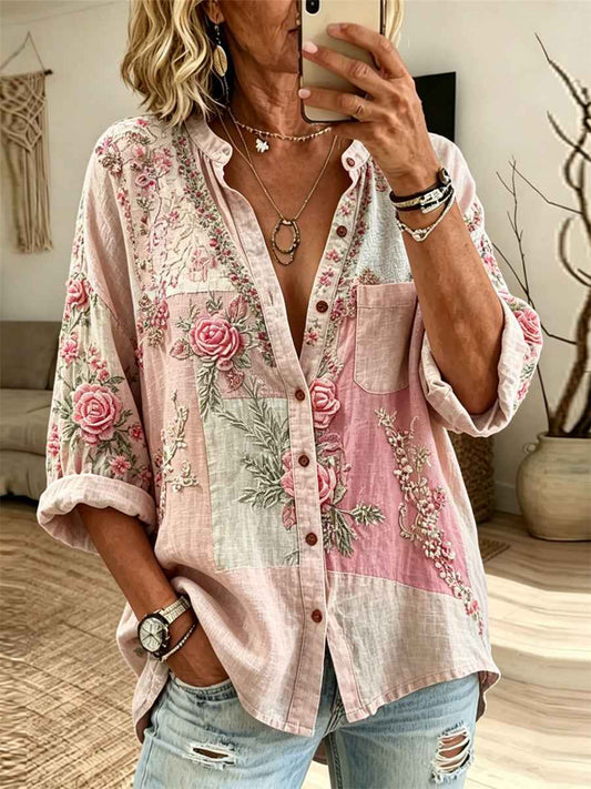 Women's Vintage Pink Roses Cottagecore Patchwork Print Linen Blouse