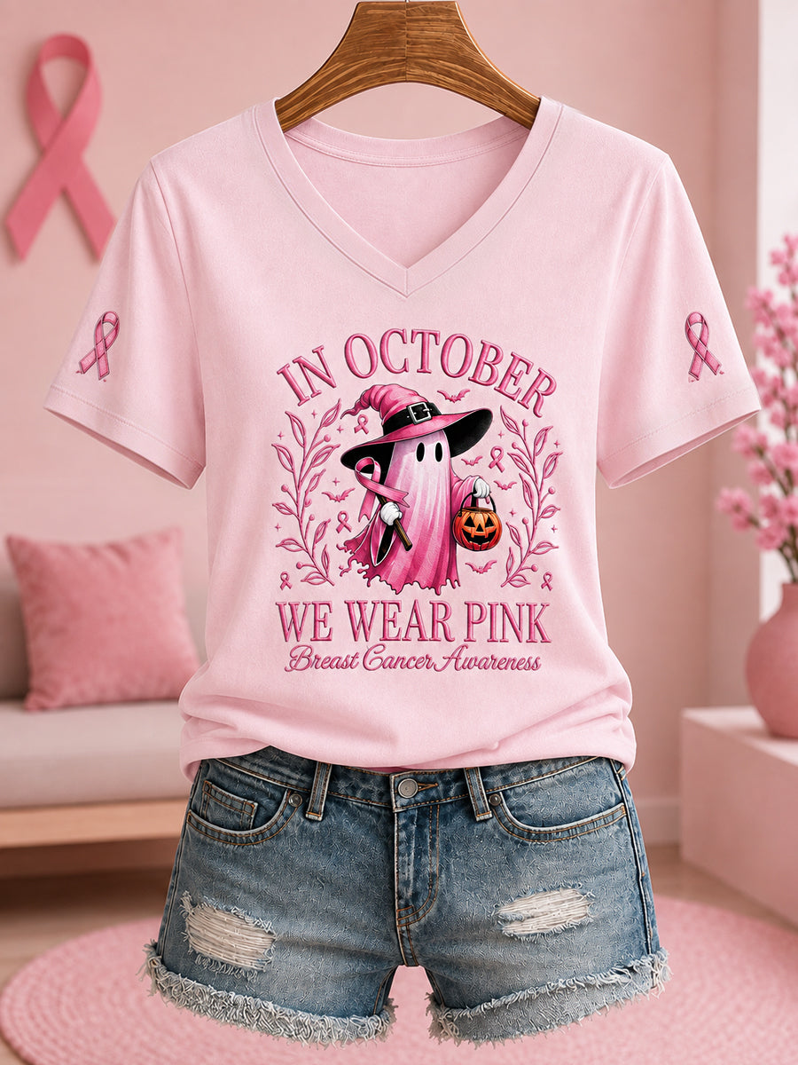 Women's In October We Wear Pink Halloween Pink Ghost Print Breast Cancer Awareness Support V-Neck Tee gracestitchs