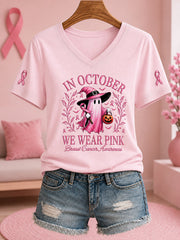 Women's In October We Wear Pink Halloween Pink Ghost Print Breast Cancer Awareness Support V-Neck Tee gracestitchs