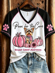 Women's Paws for the Cure Breast Cancer Awareness Yorkshire Dog & Pink Pumpkins Print short-sleeved T-shirt gracestitchs