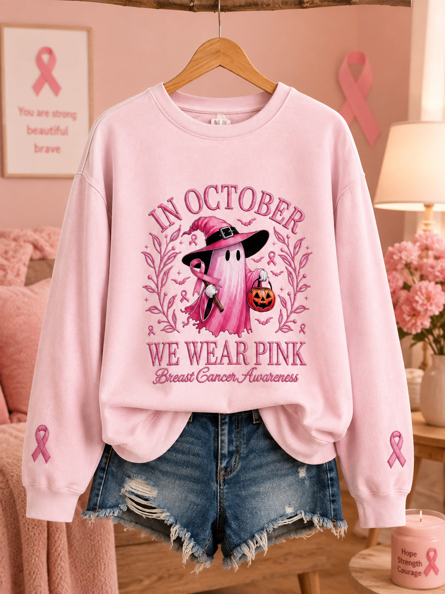Women's In October We Wear Pink Halloween Pink Ghost Print Breast Cancer Awareness Support Sweatshirt gracestitchs