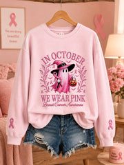 Women's In October We Wear Pink Halloween Pink Ghost Print Breast Cancer Awareness Support Sweatshirt gracestitchs