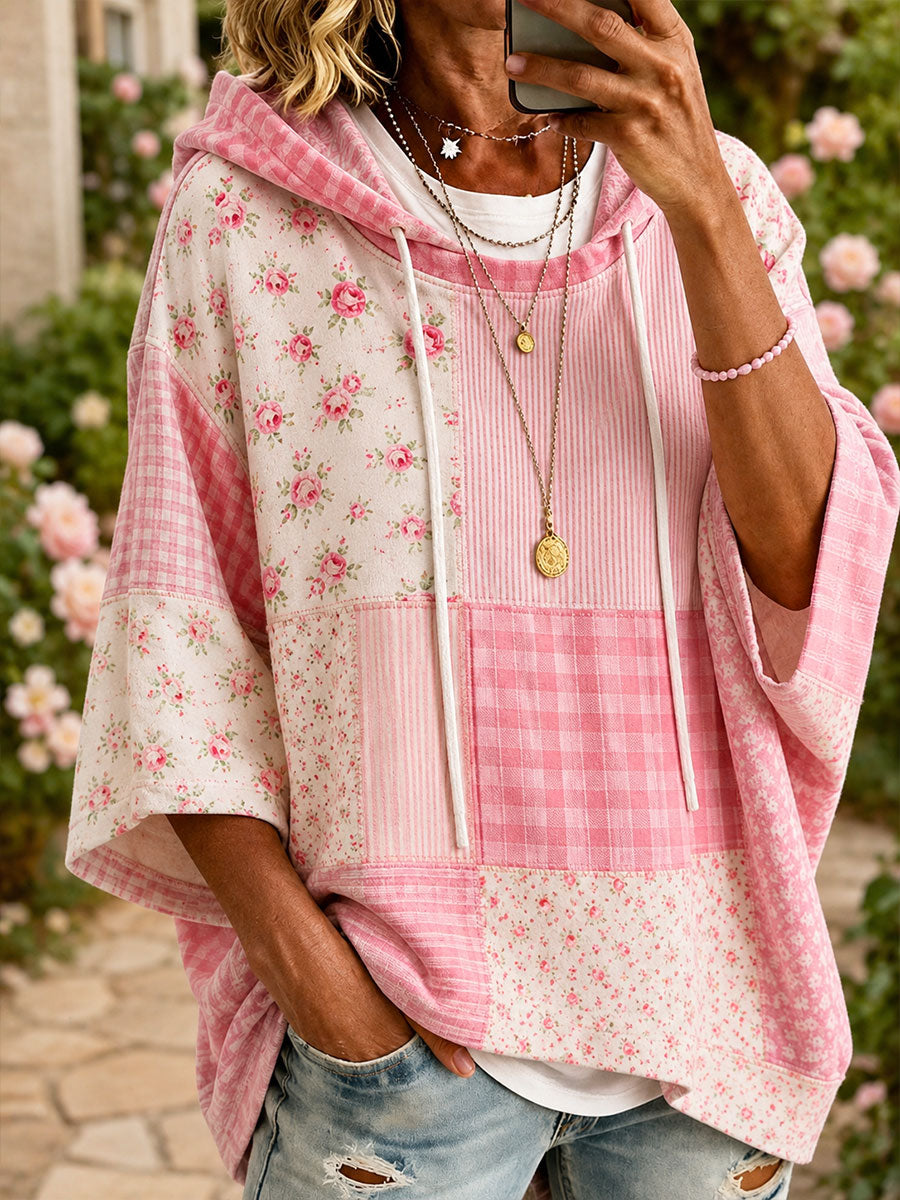 Women's Pink Floral Patchwork Art Hoodie gracestitchs
