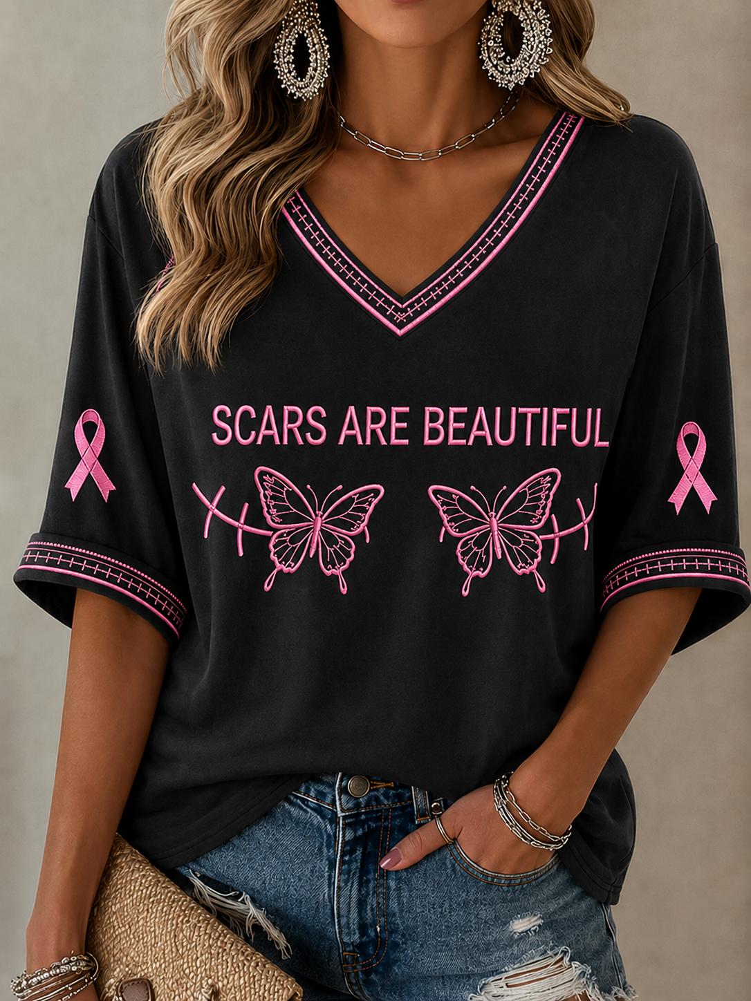 Women's Scars Are Beautiful Mid-length Sleeves V-Neck T-Shirt gracestitchs
