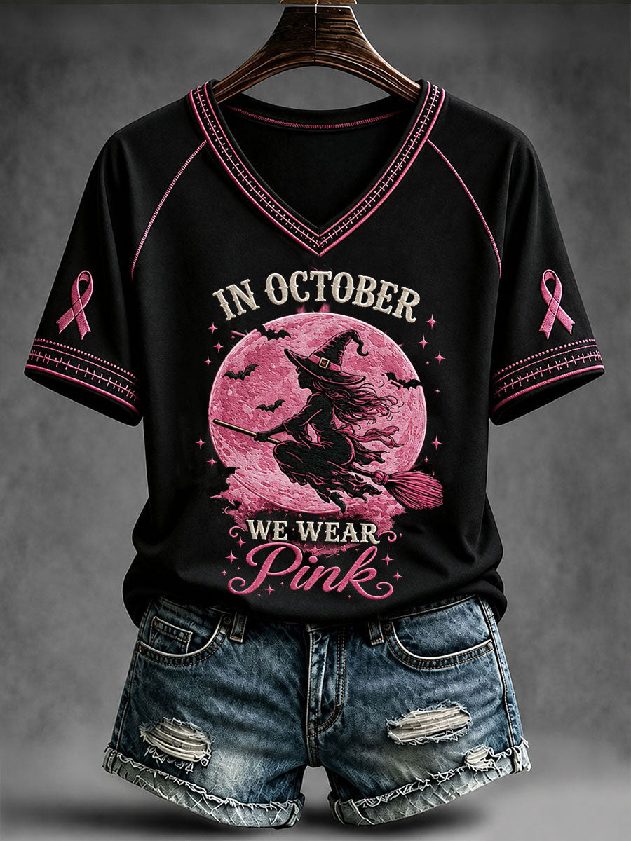 Women's In October We Wear Pink Witch V-neck T-shirt gracestitchs