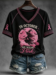Women's In October We Wear Pink Witch V-neck T-shirt gracestitchs
