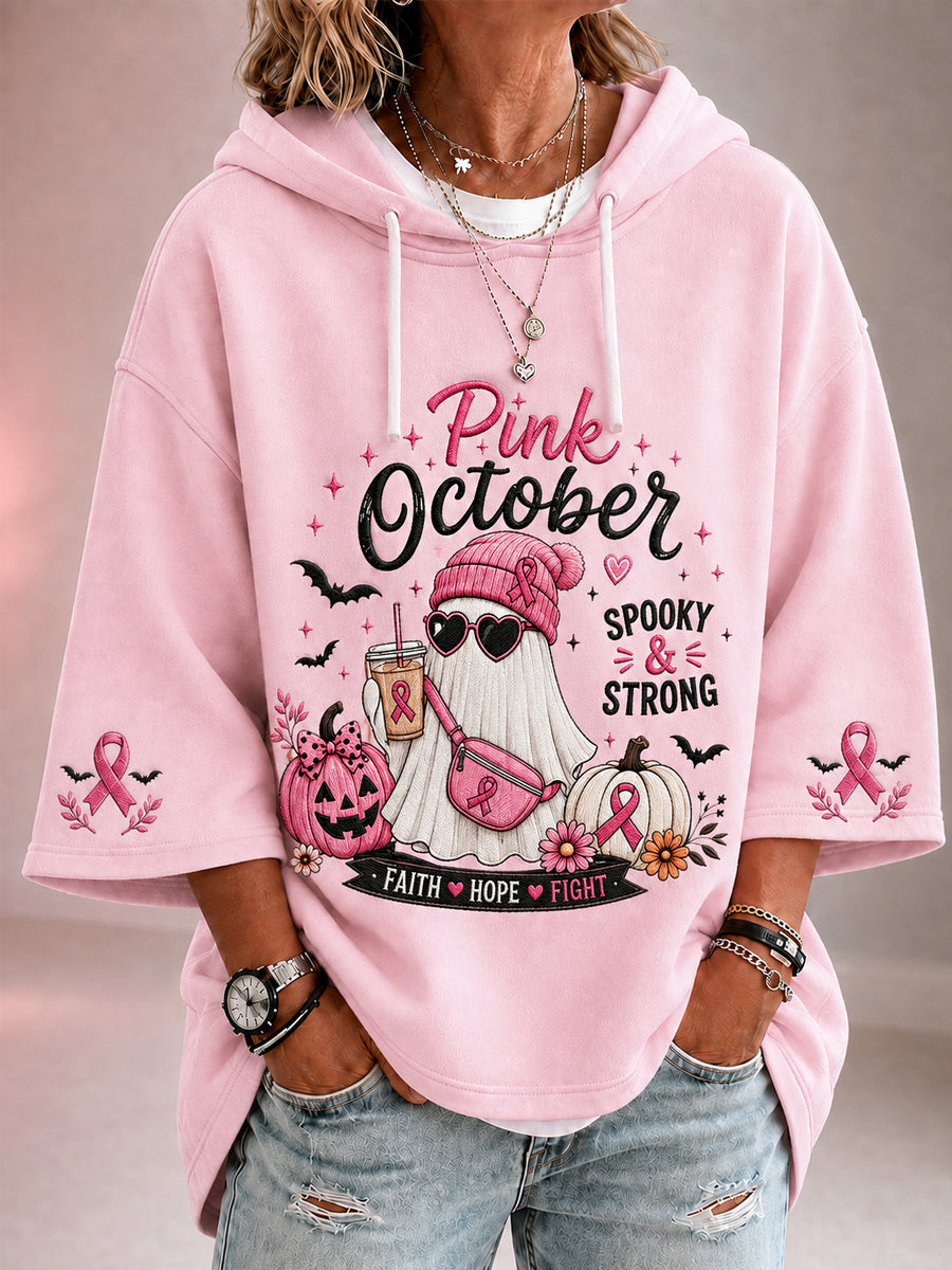 Women's In October We Wear Pink Halloween Pink Ghost Print Breast Cancer Awareness Support 3/4 Sleeve Hoodie gracestitchs