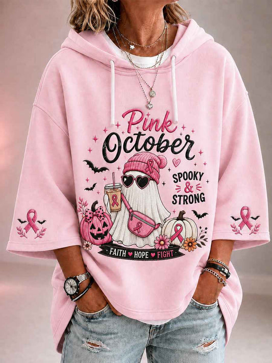Women's In October We Wear Pink Halloween Pink Ghost Print Breast Cancer Awareness Support 3/4 Sleeve Hoodie