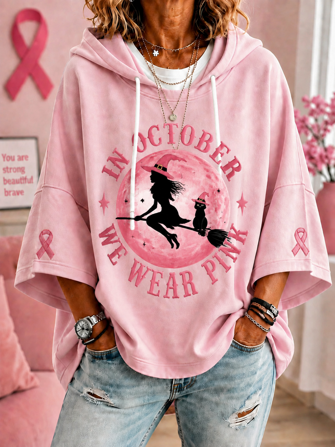 Women’s In October We Wear Pink Short-Sleeve Hoodie gracestitchs