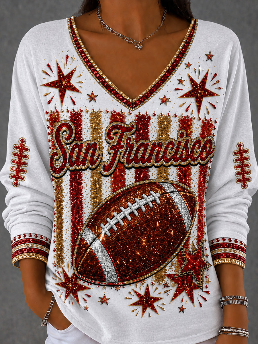 Women's Football Gameday Gift For Football Fans V-Neck Long Sleeve T-Shirt gracestitchs