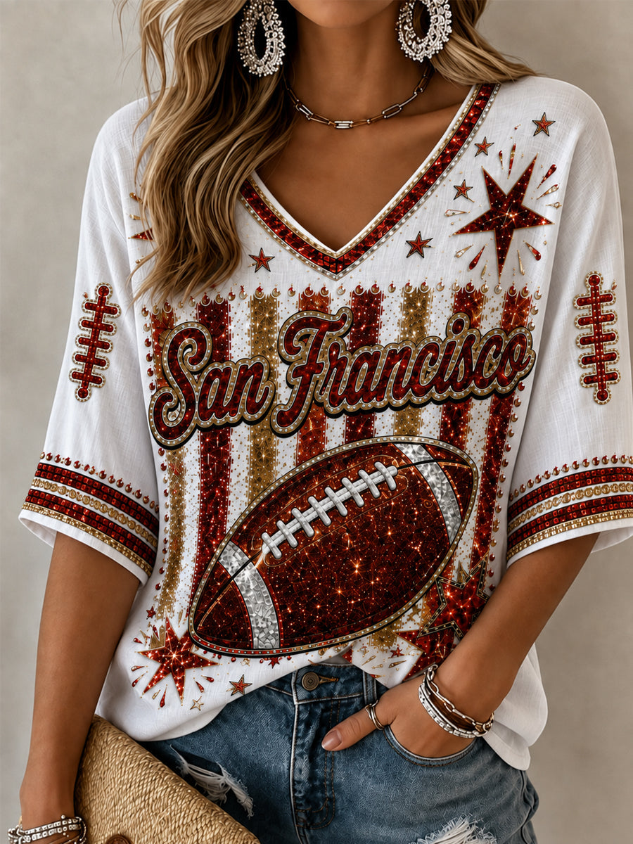 Women's Football Gameday Gift For Football Fans  Mid-length Sleeves V-Neck T-Shirt gracestitchs