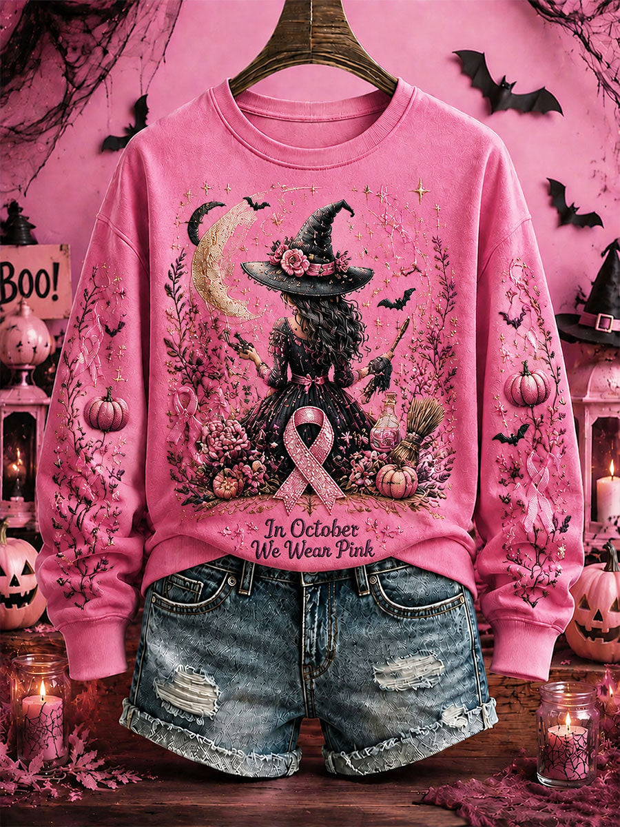 Women's Breast Cancer Awareness Halloween Witch-Themed Casual Regular Sweatshirt gracestitchs