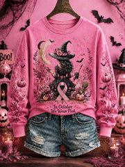 Women's Breast Cancer Awareness Halloween Witch-Themed Casual Regular Sweatshirt gracestitchs