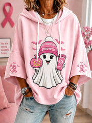 Women's In October We Wear Pink Halloween Pink Ghost Print Breast Cancer Awareness Support Short-Sleeve Hoodie gracestitchs