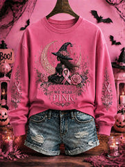 Women's Breast Cancer Awareness Halloween Witch-Themed Casual Regular Sweatshirt gracestitchs
