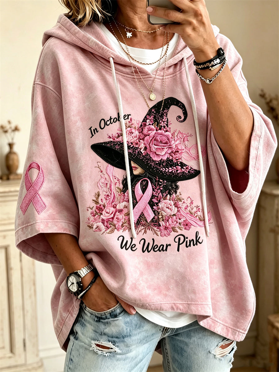 Women's In October We Wear Pink Halloween Pink Witch Floral Pink Ribbon Print Mid Sleeve Oversize Hoodie gracestitchs