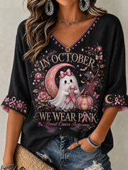 Women's In October We Wear Pink Mid-length Sleeves V-Neck T-Shirt gracestitchs