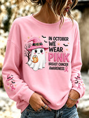 Women's In October We Wear Pink Halloween Pink Ghost Print Breast Cancer Awareness Support Sweatshirt gracestitchs