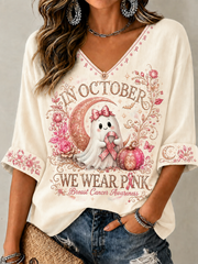 Women's In October We Wear Pink Mid-length Sleeves V-Neck T-Shirt gracestitchs