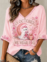 Women's In October We Wear Pink Mid-length Sleeves V-Neck T-Shirt gracestitchs