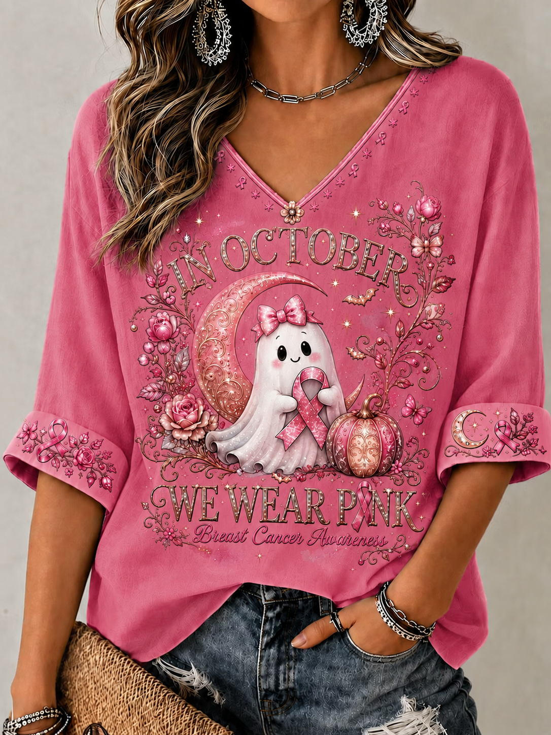 Women's In October We Wear Pink Mid-length Sleeves V-Neck T-Shirt gracestitchs