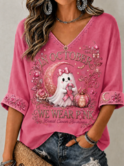 Women's In October We Wear Pink Mid-length Sleeves V-Neck T-Shirt gracestitchs