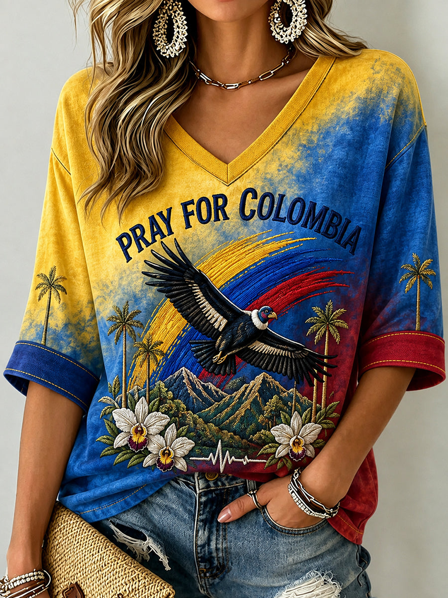 Women's Western Colombia Earthquake Pray For Colombia Print Mid-length Sleeves T-Shirt gracestitchs