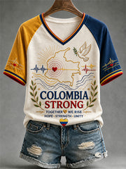 Women's Colombia Strong Print  Casual V-Neck Tee gracestitchs