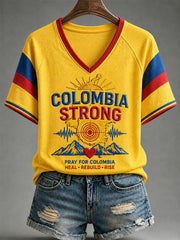 Women's Colombia Strong Print  Casual V-Neck Tee gracestitchs