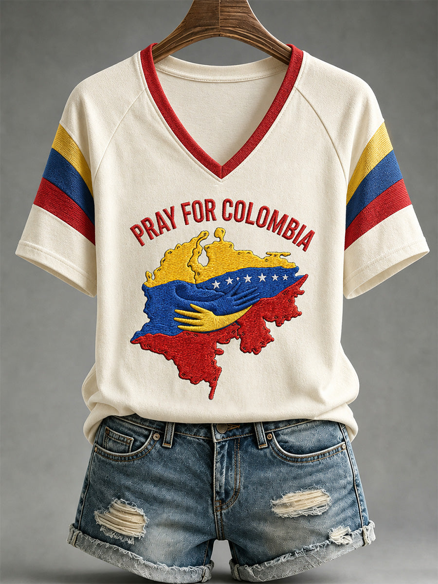 Women's Colombia Strong Print  Casual V-Neck Tee gracestitchs