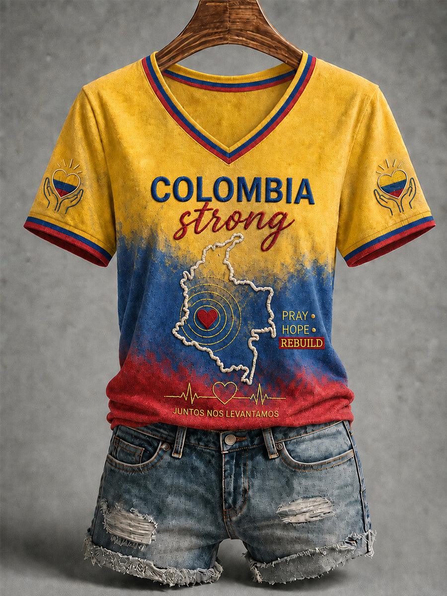 Women's Colombia Strong Pray For Colombia V-Neck Tee gracestitchs