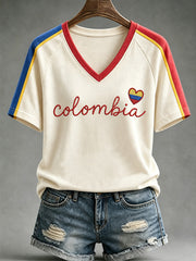 Women's Colombia Strong Print  Casual V-Neck Tee gracestitchs
