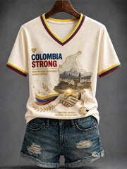 Women's COLOMBIA STRONG Printed V-neck T-shirt gracestitchs