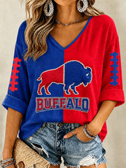 Women's Football Lover Buffalo Print Casual V-Neck Tee gracestitchs
