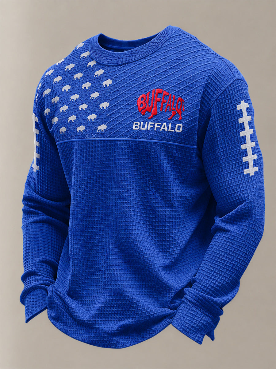 Men's Football Lover Buffalo Print Casual Waffle Long Sleeve Top gracestitchs
