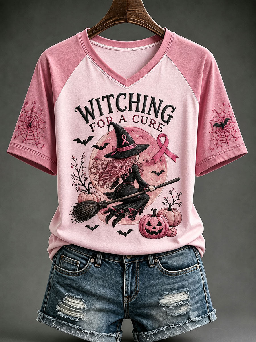 Women's Witching For A Cure Breast Cancer Awareness V-neck T-shirt gracestitchs