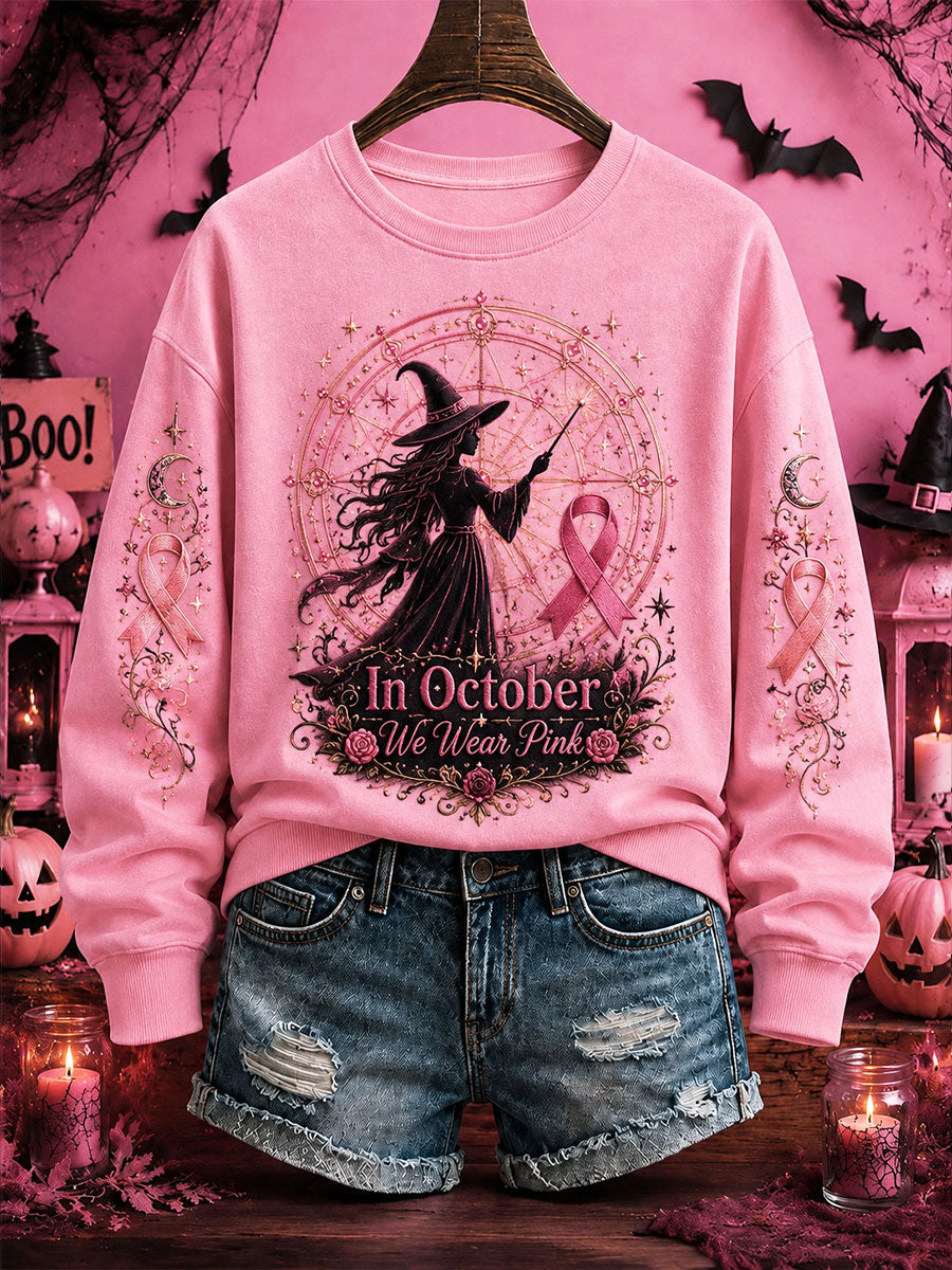 Women's Breast Cancer Awareness Halloween Witch-Themed Casual Regular Sweatshirt gracestitchs