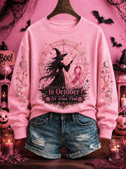 Women's Breast Cancer Awareness Halloween Witch-Themed Casual Regular Sweatshirt gracestitchs