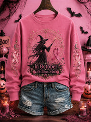 Women's Breast Cancer Awareness Halloween Witch-Themed Casual Regular Sweatshirt gracestitchs